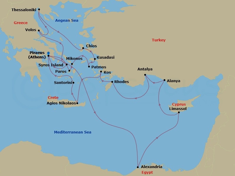 21 Night - Greece Intensive Combination Cruise : Rhodes, Thessaloniki & Mykonos - Azamara Onward - Starting in Athens (Piraeus), Alexandria EG (Cairo), Egypt, Limassol, Alanya, Antalya, Rhodes, Kos, Agios Nikolaos, (Crete), Santorini, Athens (Piraeus), Syros, Volos, Thessaloniki, Chios, Ephesus (Kusadasi), Patmos, Mykonos, Paros, Athens (Piraeus) itinerary map