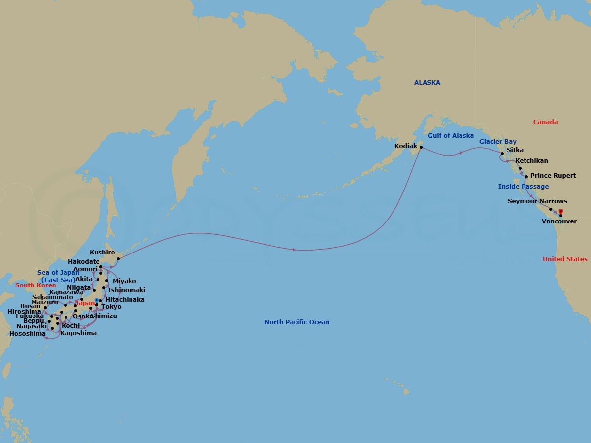 49 Night - In-Depth Japan Exploration & Pacific Passage - Seabourn Encore - Starting in Tokyo, Japan, Kochi, Japan, Hososhima, Japan, Kagoshima, Japan, Nagasaki, Japan, Busan (Pusan), South Korea, Fukuoka (Hakata), Japan, Scenic Cruising Kanmon Straits, Hiroshima, Japan, Osaka, Japan, Shimizu, Japan, Tokyo, Japan, Beppu, Japan, Scenic Cruising Kanmon Straits, Busan (Pusan), South Korea, Sakaiminato, Japan, Maizuru, Japan, Kanazawa, Japan, Niigata, Japan, Akita, Japan, Aomori, Japan, Hakodate, Japan, Tokyo, Japan, Hitachinaka, Japan, Ishinomaki, Japan, Miyako, Japan, Hakodate, Japan, Kushiro, Japan, Cross International Dateline, Kodiak, Alaska, Glacier Bay, Sitka, Alaska, Ketchikan, Alaska, Prince Rupert, British Columbia, Canada, Inside Passage, Transit the Seymour Narrows, Vancouver, BC, CA itinerary map