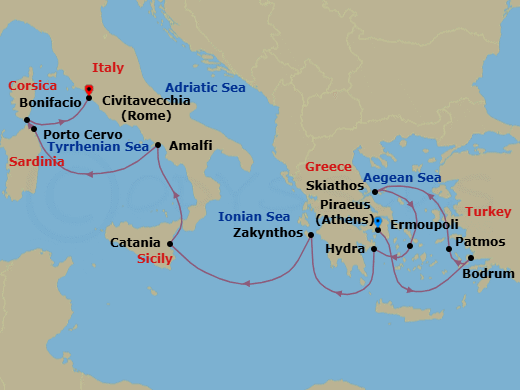 13 Night - Athens to Rome - World Traveller - Starting in Piraeus (Athens), Bodrum, Patmos, Skiathos, Ermoupolis (Syros), Hydra, Greece, Zakynthos, Catania (Sicily), Amalfi (Ravello), Italy, Porto Cervo (Sardinia), Bonifacio (Corsica), Civitavecchia (Rome) itinerary map