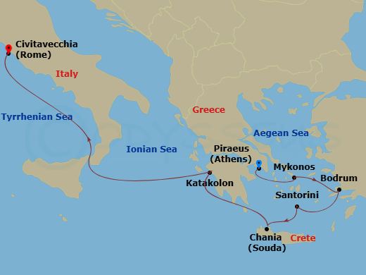 7 Night - Best of Greece Cruise - Brilliance of the Seas - Starting in Athens (Piraeus), Greece, Mykonos, Greece, Bodrum, Turkey, Santorini, Greece, Chania (Souda), Crete, Greece, Olympia (Katakolon), Greece, Rome (Civitavecchia), Italy itinerary map