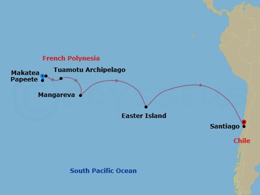 15 Night - Easter Island to Tahiti : Tales of the Pacific - National Geographic Orion - Starting in Papeete, Tahiti, French Polynesia / Embark Ship, Makatea, Tuamotu Archipelago / At Sea, Mangareva, Pitcairn Islands, British Overseas Territory / At Sea, Easter Island, Chile (Rapa Nui), Santiago itinerary map