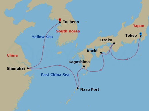13 Night - Tokyo to Incheon - Silver Whisper - Starting in Tokyo, Osaka, Kochi, Kagoshima (Kyushu Island), Naze, Amami Oshima, Shanghai, Incheon (Seoul) itinerary map