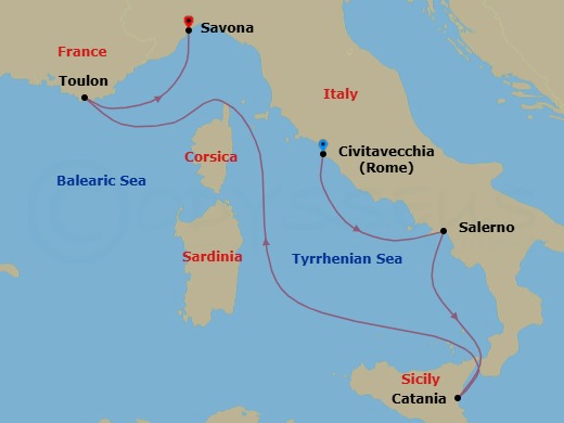 5 Night - Southern Europe from Rome (Civitavecchia) to Savona - Costa Fascinosa - Starting in Civitavecchia (Rome), Salerno (Amalfi Coast), Catania, La Seyne (St Tropez), Savona itinerary map
