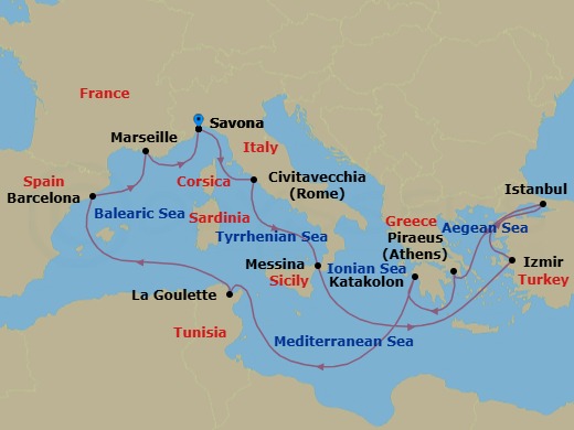 14 Night - Mediterranean Roundtrip from Savona - Costa Favolosa - Starting in Savona, Civitavecchia (Rome), Messina (Taormina), Izmir, Istanbul, Piraeus (Athens), Katakolon (Olympia), La Goulette (Tunis), Barcelona, Marseille, Savona itinerary map