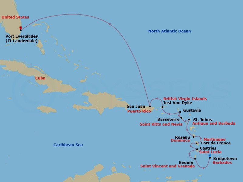 12 Night - Bridgetown to Fort Lauderdale - Silver Ray - Starting in Bridgetown, Bequia, Castries, St Lucia, Fort-de-France, Roseau, St Johns, St Kitts (Basseterre), Gustavia, St Barthelemy, Jost Van Dyke, British Virgin Islands, San Juan, Fort Lauderdale, Florida itinerary map