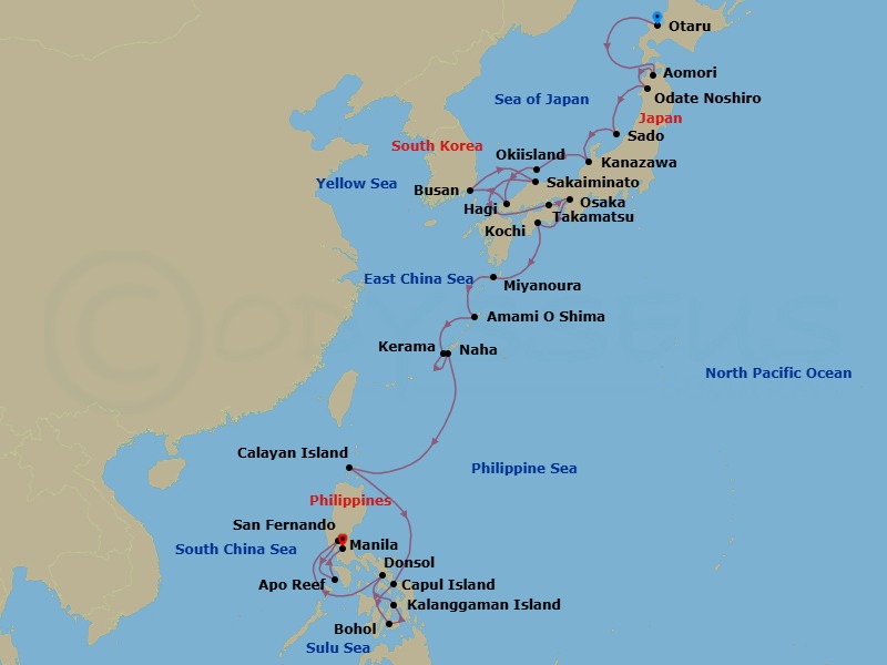 26 Night - Cruise from Otaru to Manila - Silver Cloud - Starting in Otaru, Aomori, Noshiro, Sado Island, Kanazawa, Oki Island, Hagi, Busan, Sakaiminato, Takamatsu, Osaka, Kochi, Miyanoura / Yakushima, Amami Islands, Kerama Archipelago, Naha / Okinawa, Calayan, San Luis, Bohol, Kalanggaman private island, Donsol, San Fernando, Apo Reef, Manila itinerary map