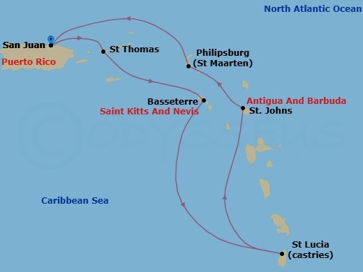 7 Night - Southern Caribbean Cruise - Scarlet Lady - Starting in San Juan, Puerto Rico, Charlotte Amalie, St Thomas, Basseterre, Saint Kitts and Nevis, Castries, Saint Lucia, St Johns AG, Antigua and Barbuda, Philipsburg, Sint Maarten, San Juan, Puerto Rico itinerary map
