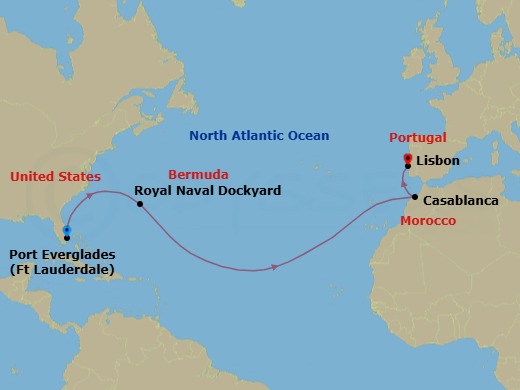 14 Night - Fort Lauderdale to Lisbon - Silver Ray - Starting in Fort Lauderdale, Florida, Royal Naval Dockyard, Bermuda, Casablanca, Lisbon itinerary map