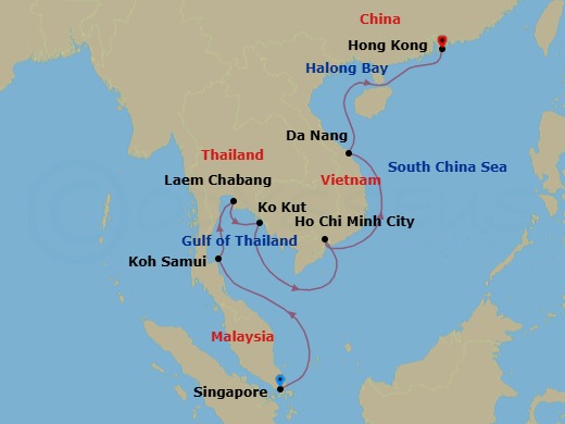 14 Night - Singapore / Hong Kong - Luminara - Starting in Singapore, Koh Samui, Bangkok (Laem Chabang), Koh Kood, Ho Chi Minh City, Da Nang, Halong Bay, Hong Kong itinerary map