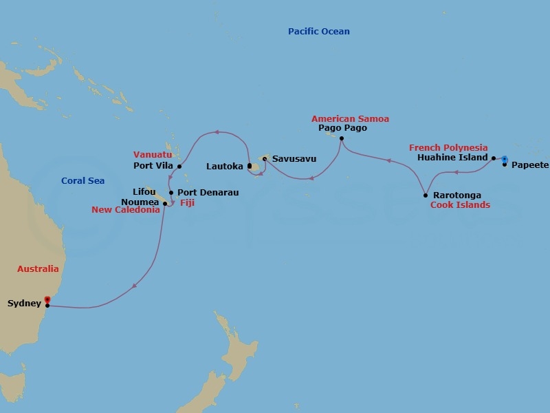 18 Night - Pearls of Melanesia - Oceania Vista - Starting in Papeete (Tahiti), Huahine, Rarotonga, Pago Pago, Crossing the International Date Line, Savusavu, Port Denarau, Lautoka, Port Vila (Efate), Lifou Island, Noumea, Sydney AU itinerary map