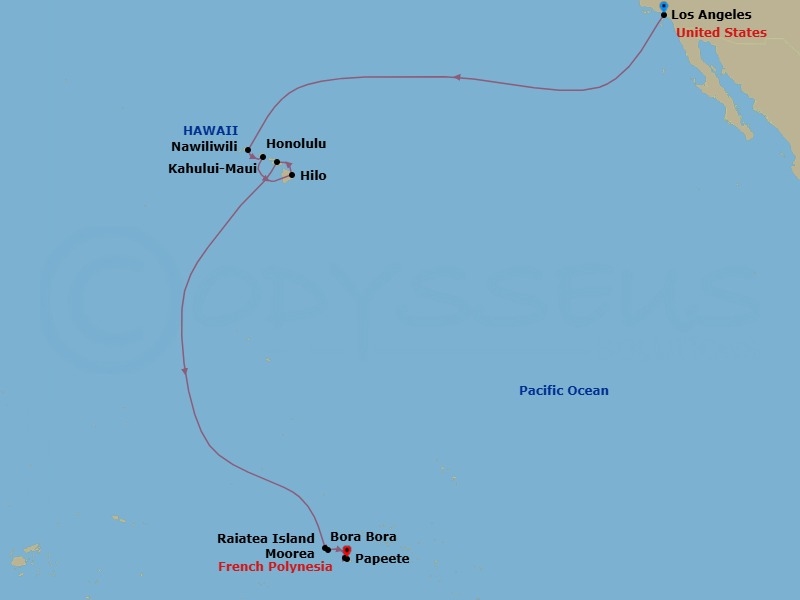 18 Night - Idyllic Pacific Wonders - Oceania Vista - Starting in Los Angeles, Nawiliwili, Honolulu, Hilo, Kahului, Bora Bora, Raiatea, Moorea, Papeete (Tahiti) itinerary map