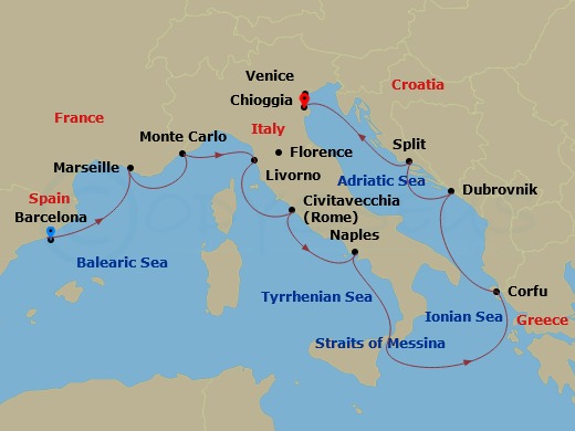 12 Night - Mediterranean Odyssey - Viking Star - Starting in Barcelona, Marseille, Monte Carlo, Florence / Pisa (Livorno), Rome (Civitavecchia), Naples, Sail the Ionian Sea, Corfu (Kerkyra), Dubrovnik, Croatia, Split, Venice (Chioggia) itinerary map