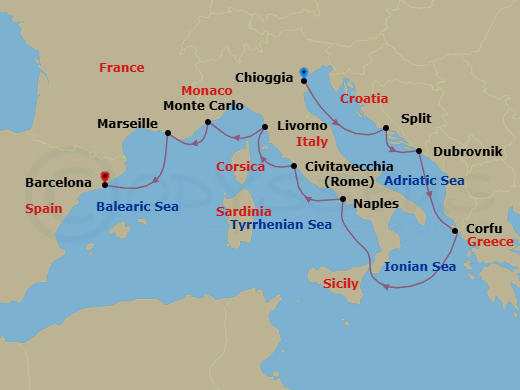 12 Night - Mediterranean Odyssey - Viking Sea - Starting in Venice (Chioggia), Split, Dubrovnik, Croatia, Corfu (Kerkyra), Sail the Ionian Sea, Naples, Rome (Civitavecchia), Florence / Pisa (Livorno), Monte Carlo, Marseille, Barcelona itinerary map