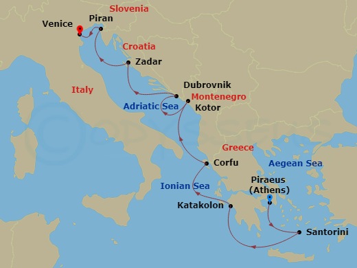 9 Night - Empires of the Mediterranean - Viking Sea - Starting in Athens (Piraeus), Santorini (Thira), Katakolon (Olympia), Corfu (Kerkyra), Kotor, Dubrovnik, Croatia, Zadar, Koper, Venice (Chioggia) itinerary map