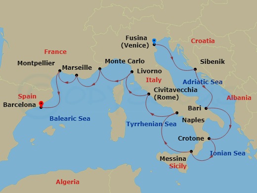 14 Night - Mediterranean & Italian Sojourn - Viking Sea - Starting in Venice (Fusina), Sibenik, Bari, Crotone, Sicily (Messina), Naples, Rome (Civitavecchia), Florence / Pisa (Livorno), Monte Carlo, Marseille, Sete, Barcelona itinerary map