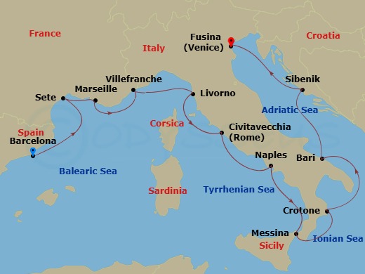 14 Night - Mediterranean & Italian Sojourn - Viking Sea - Starting in Barcelona, Sete, Marseille, Villefranche-Sur-Mer, Florence / Pisa (Livorno), Rome (Civitavecchia), Naples, Sicily (Messina), Crotone, Bari, Sibenik, Venice (Fusina) itinerary map