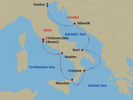 7 Night - Italian Sojourn - Viking Neptune - Starting in Venice (Fusina), Sibenik, Bari, Crotone, Sicily (Messina), Naples, Rome (Civitavecchia) itinerary map