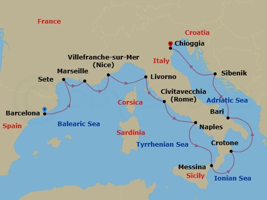14 Night - Mediterranean & Italian Sojourn - Viking Neptune - Starting in Barcelona, Sete, Marseille, Villefranche-Sur-Mer, Florence / Pisa (Livorno), Rome (Civitavecchia), Naples, Sicily (Messina), Crotone, Bari, Sibenik, Venice (Chioggia) itinerary map