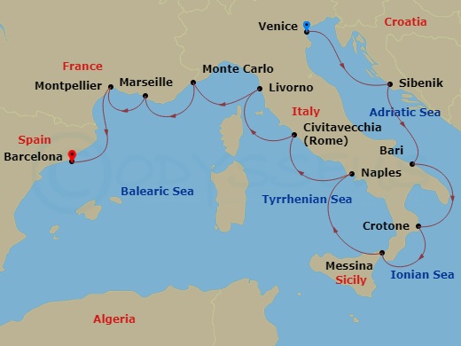 14 Night - Mediterranean & Italian Sojourn - Viking Mars - Starting in Venice (Chioggia), Sibenik, Bari, Crotone, Sicily (Messina), Naples, Rome (Civitavecchia), Florence / Pisa (Livorno), Monte Carlo, Marseille, Sete, Barcelona itinerary map