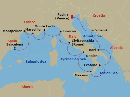 14 Night - Mediterranean & Italian Sojourn - Viking Mars - Starting in Barcelona, Sete, Marseille, Monte Carlo, Florence / Pisa (Livorno), Rome (Civitavecchia), Naples, Sicily (Messina), Crotone, Bari, Sibenik, Venice (Fusina) itinerary map