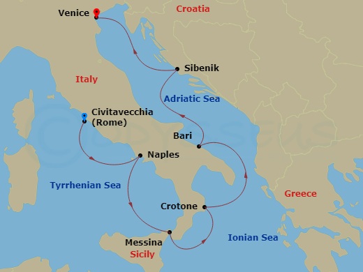 7 Night - Italian Sojourn - Viking Jupiter - Starting in Rome (Civitavecchia), Naples, Sicily (Messina), Crotone, Bari, Sibenik, Venice (Chioggia) itinerary map