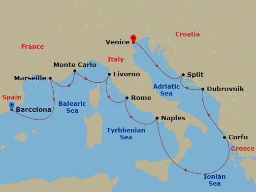 12 Night - Mediterranean Odyssey - Viking Jupiter - Starting in Barcelona, Marseille, Monte Carlo, Florence / Pisa (Livorno), Rome (Civitavecchia), Naples, Sail the Strait of Messina, Corfu (Kerkyra), Dubrovnik, Croatia, Split, Venice (Chioggia) itinerary map
