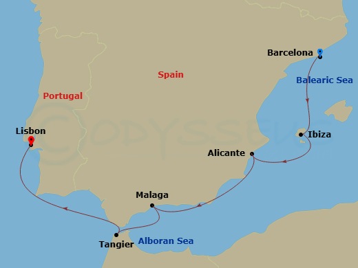 7 Night - Iberian Idyll : Spain & Morocco - Oosterdam - Starting in Barcelona, Spain, Ibiza, Spain, Alicante, Spain, Malaga, Spain, Tangier, Morocco, Lisbon, Portugal itinerary map