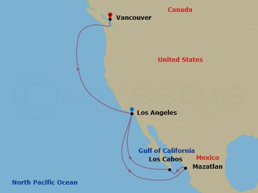 11 Night - Mexican Riviera & Pacific Coast - Star Princess - Starting in Los Angeles, California, Mazatlan, Mexico, Cabo San Lucas, Mexico, Los Angeles, California, Vancouver, Canada itinerary map