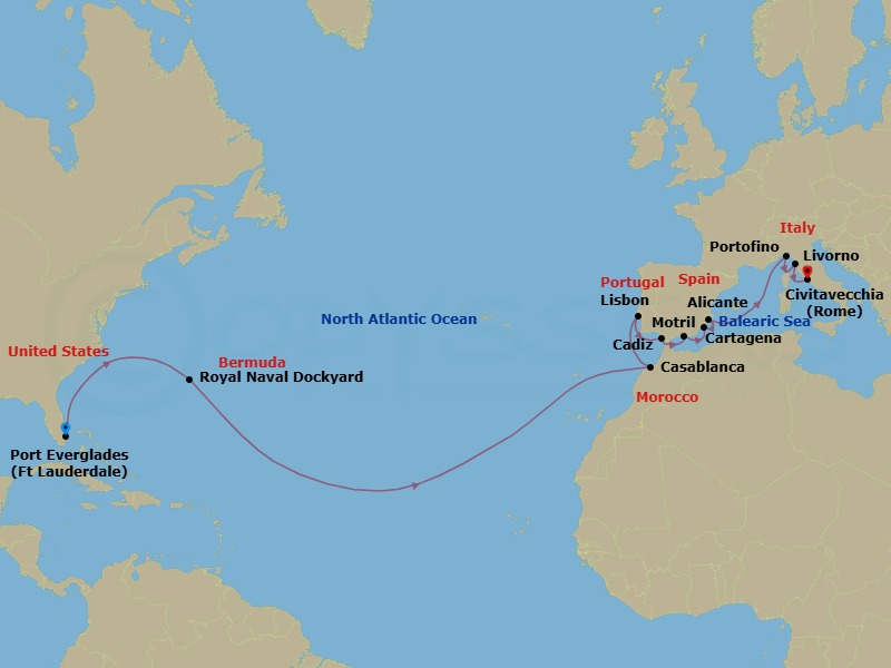 23 Night - Cruise from Ft Lauderdale (Port Everglades) to Rome (Civitavecchia) - Silver Ray - Starting in Fort Lauderdale, Royal Naval Dockyard, Casablanca, Lisbon, Cadiz, Motril, Cartagena ES, Alicante, Portofino, Livorno, Civitavecchia itinerary map