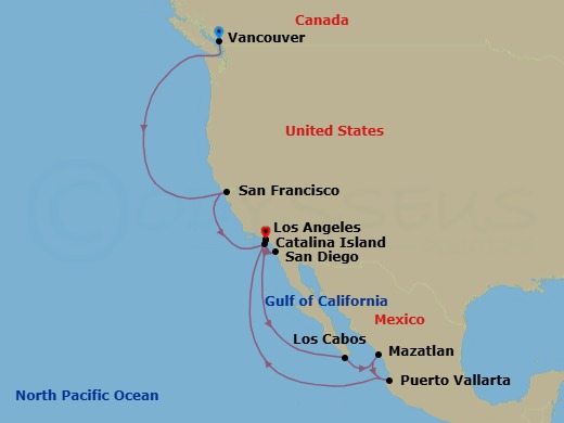 14 Night - Mexican Riviera & Pacific Winecountry - Discovery Princess - Starting in Vancouver, Canada, San Francisco, California, Catalina Island, California, San Diego, California, Los Angeles, California, Cabo San Lucas, Mexico, Mazatlan, Mexico, Puerto Vallarta, Mexico, Los Angeles, California itinerary map