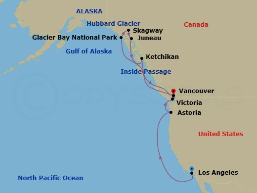 14 Night - Inside Passage & Pacific Coast - Discovery Princess - Starting in Los Angeles, California, Astoria, Oregon, Victoria CA, Vancouver, Canada, Hubbard Glacier (Scenic Cruising), Alaska, Glacier Bay National Park (Scenic Cruising), Alaska, Skagway, Alaska, Juneau, Alaska, Ketchikan, Alaska, Vancouver, Canada itinerary map