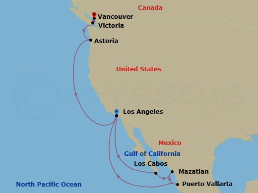 12 Night - Mexican Riviera & Pacific Coast - Discovery Princess - Starting in Los Angeles, California, Cabo San Lucas, Mexico, Mazatlan, Mexico, Puerto Vallarta, Mexico, Los Angeles, California, Astoria, Oregon, Victoria CA, Vancouver, Canada itinerary map