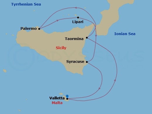 5 Night - Sicilian Interlude - Le Dumont-d'Urville - Starting in Valletta, Taormina, Sicily, Palermo, Sicily, Lipari, Aeolian Islands, Syracuse IT, Sicily, Valletta itinerary map