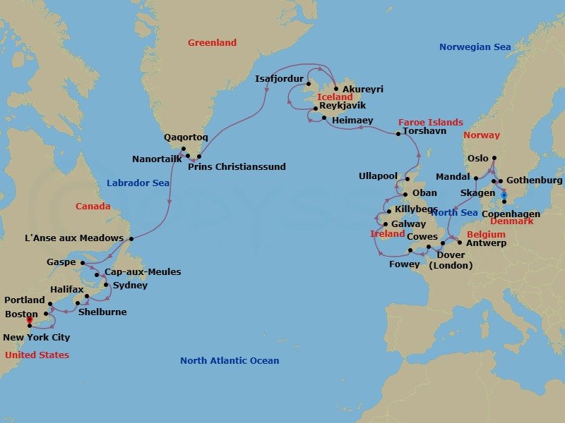 43 Night - Scandinavia, Solar Eclipse and Fire & Ice Passage - Seabourn Ovation - Starting in Copenhagen, Denmark, Skagen, Denmark, Gothenburg, Sweden, Oslo, Norway, Mandal (Kristiansand), Norway, Antwerp, Belgium, Dover UK (London), England, Cowes, Isle of Wight, England, UK, Fowey, Cornwall, United Kingdom, Galway, Ireland, Killybegs, Donegal, Ireland, Oban UK, Scotland, Ullapool, Scotland, United Kingdom, Torshavn, Faroe Islands, Heimaey, Westman Islands, Iceland, Reykjavik, Iceland, Isafjordur, Iceland, Akureyri, Iceland, Cruising Prins Christian Sund, Nanortalik, Greenland, Scenic cruising Tasermiut Fjord, Qaqortoq, Greenland, L Anse aux Meadows, Newfoundland, Canada, Gaspe, Quebec, Canada, Cap-aux-Meules, Iles de la Madeleine, Quebec, Canada, Sydney NS, Nova Scotia, Canada, Halifax, Nova Scotia, Canada, Shelburne, Nova Scotia, Canada, Portland ME, Boston, Massachusetts, New York itinerary map