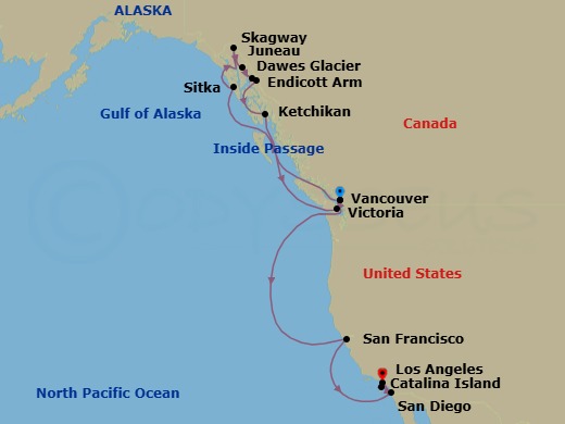 16 Night - Inside Passage & Pacific Wine Country - Crown Princess - Starting in Vancouver, Canada, Sitka, Alaska, Skagway, Alaska, Juneau, Alaska, Endicott Arm and Dawes Glacier (Scenic Cruising), Alaska, Ketchikan, Alaska, Victoria CA, Vancouver, Canada, San Francisco, California, San Diego, California, Catalina Island, California, Los Angeles, California itinerary map