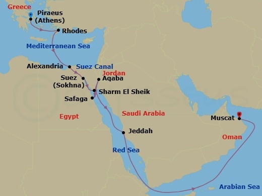 18 Night - Asia - Middle East - Norwegian Sky - Starting in Piraeus / Athens, Greece, Rhodes, Greece, Alexandria EG (Cairo), Egypt, Suez Canal, Egypt, Port Sokhna, Egypt, Sharm El-Sheikh, Egypt, Safaga, Egypt, Aqaba, Jordan, Jeddah, Saudi Arabia, Muscat, Oman itinerary map