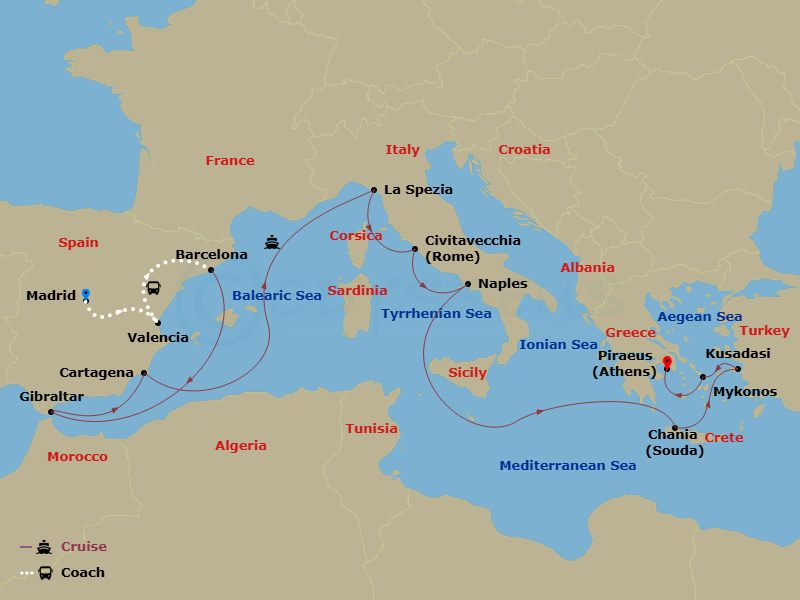 20 Night - Highlights of Spain - Tour 2B - Sun Princess Tours - Starting in Madrid, Spain, Valencia, Spain, Barcelona, Spain, Gibraltar, Cartagena ES, La Spezia (for Florence / Pisa), Italy, Civitavecchia (for Rome), Italy, Naples, Italy (for Capri and Pompeii), Crete (Chania), Greece, Kusadasi, Turkey (for Ephesus), Mykonos, Greece, Athens (Piraeus), Greece itinerary map