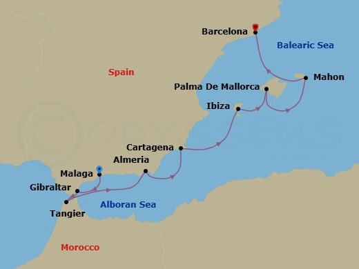 8 Night - Andalucia to Catalonia with Chef Rachel Hargrove - Emerald Sakara - Starting in Malaga, Spain, Gibraltar, Tangier, Morocco, Almeria, Spain, Cartagena ES, Ibiza, Spain, Palma De Mallorca, Spain, Mahon, Menorca, Spain, Barcelona, Spain itinerary map
