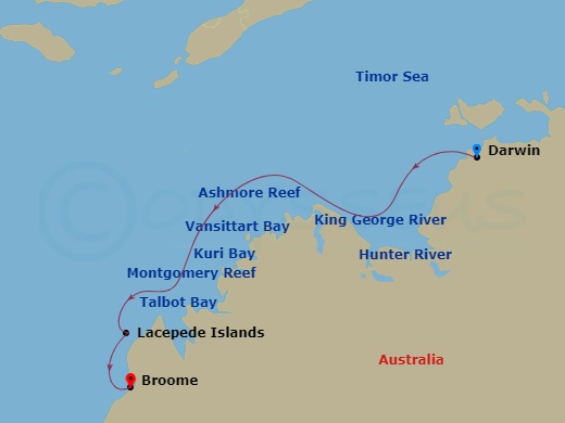 10 Night - Australia's Iconic Kimberley - Le Jacques Cartier - Starting in Darwin, King George River, Vansittart Bay, Ashmore Reef (technical stop), Careening Bay, Swift Bay, Hunter River, Collier Bay, Lacepede Islands, Broome itinerary map