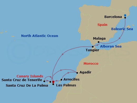12 Night - Cruise from Barcelona to Las Palmas - Costa Smeralda - Starting in Barcelona, Malaga, Tangier, Las Palmas (Gran Canaria), Santa Cruz de La Palma, Santa Cruz de Tenerife, Agadir, Arrecife (Lanzarote), Las Palmas (Gran Canaria) itinerary map