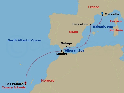 6 Night - Western Mediterranean from Marseille to Las Palmas - Costa Smeralda - Starting in Marseille, Barcelona, Malaga, Tangier, Las Palmas (Gran Canaria) itinerary map