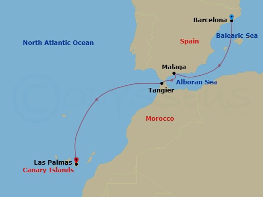 5 Night - Cruise from Barcelona to Las Palmas - Costa Smeralda - Starting in Barcelona, Malaga, Tangier, Las Palmas (Gran Canaria) itinerary map