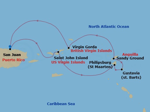 6 Night - San Juan / San Juan - Ilma - Starting in San Juan, St John VI, Philipsburg, Gustavia, Sandy Ground, Virgin Gorda, San Juan itinerary map