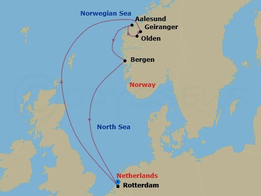 7 Night - Unesco World Heritage Fjords of Norway - Rotterdam - Starting in Rotterdam, the Netherlands, Geiranger, Norway, Scenic cruising Hardangerfjord, Olden, Norway, Scenic Cruising Nordfjord, Alesund, Norway, Bergen, Norway, Rotterdam, the Netherlands itinerary map