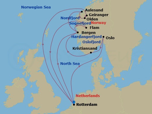 14 Night - Unesco World Heritage Fjords : Geiranger & Flam - Rotterdam - Starting in Rotterdam, the Netherlands, Geiranger, Norway, Scenic cruising Hardangerfjord, Olden, Norway, Scenic Cruising Nordfjord, Alesund, Norway, Bergen, Norway, Rotterdam, the Netherlands, Scenic cruising Oslofjord, Oslo, Norway, Kristiansand, Norway, Bergen, Norway, Scenic cruising Sognefjord, Flam, Norway, Rotterdam, the Netherlands itinerary map