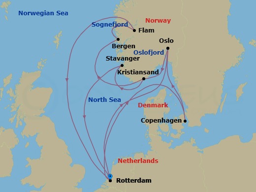 14 Night - Unesco World Heritage Fjords : Flam with Copenhagen - Rotterdam - Starting in Rotterdam, the Netherlands, Scenic cruising Oslofjord, Oslo, Norway, Kristiansand, Norway, Bergen, Norway, Scenic cruising Sognefjord, Flam, Norway, Rotterdam, the Netherlands, Copenhagen, Denmark, Scenic cruising Oslofjord, Oslo, Norway, Kristiansand, Norway, Stavanger, Norway, Rotterdam, the Netherlands itinerary map