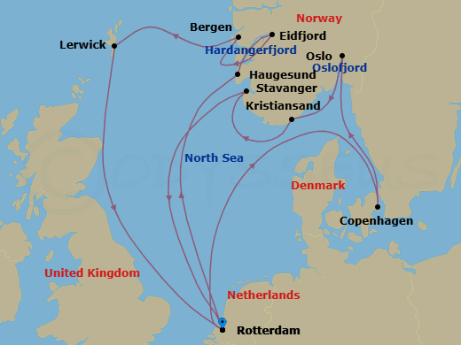 14 Night - Norwegian Fjords with Copenhagen & Scotland - Rotterdam - Starting in Rotterdam, the Netherlands, Copenhagen, Denmark, Scenic cruising Oslofjord, Oslo, Norway, Kristiansand, Norway, Stavanger, Norway, Rotterdam, the Netherlands, Haugesund, Norway, Eidfjord, Norway, Scenic cruising Hardangerfjord, Bergen, Norway, Lerwick, Shetland Islands, United Kingdom, Rotterdam, the Netherlands itinerary map