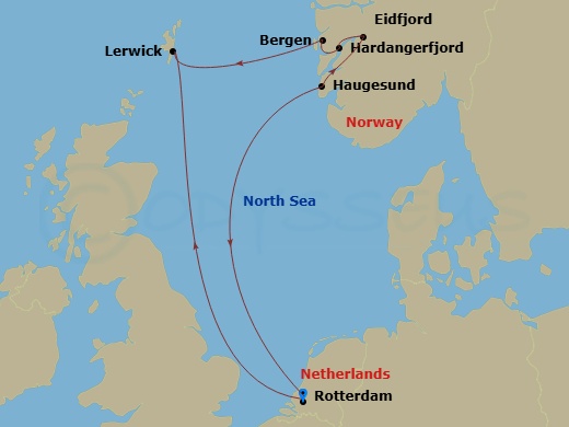 7 Night - Norwegian Fjords & Scotland - Rotterdam - Starting in Rotterdam, the Netherlands, Haugesund, Norway, Eidfjord, Norway, Scenic cruising Hardangerfjord, Bergen, Norway, Lerwick, Shetland Islands, United Kingdom, Rotterdam, the Netherlands itinerary map