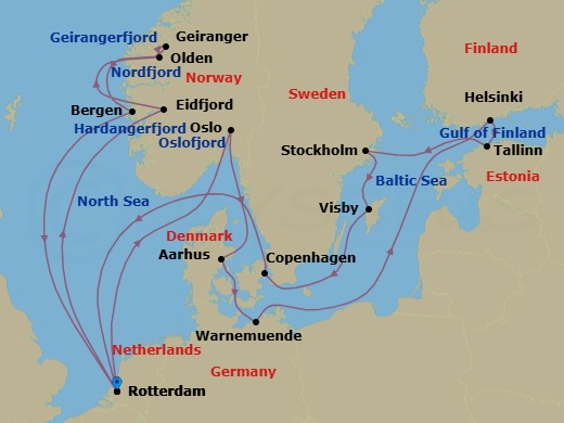 21 Night - Baltic Capitals & Unesco World Heritage Fjords - Rotterdam - Starting in Rotterdam, the Netherlands, Oslo, Norway, Scenic cruising Oslofjord, Aarhus, Denmark, Warnemunde (Berlin), Germany, Helsinki, Finland, Tallinn, Estonia, Stockholm, Sweden, Visby, Gotland, Sweden, Copenhagen, Denmark, Rotterdam, the Netherlands, Eidfjord, Norway, Scenic cruising Hardangerfjord, Olden, Norway, Scenic Cruising Nordfjord, Geiranger, Norway, Cruising Geirangerfjord, Bergen, Norway, Rotterdam, the Netherlands itinerary map