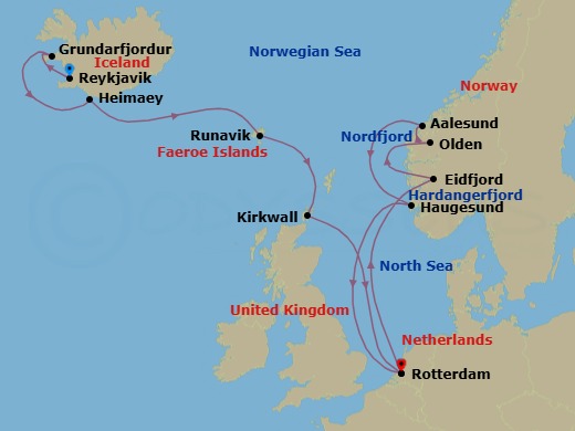 14 Night - Viking Trails & Celtic Origins with Norwegian Fjords - Rotterdam - Starting in Reykjavik, Iceland, Grundarfjordur, Iceland, Heimaey, Westman Islands, Iceland, Runavik, Faroe Islands, Kirkwall, Scotland, United Kingdom, Rotterdam, the Netherlands, Eidfjord, Norway, Scenic cruising Hardangerfjord, Olden, Norway, Scenic Cruising Nordfjord, Alesund, Norway, Haugesund, Norway, Rotterdam, the Netherlands itinerary map